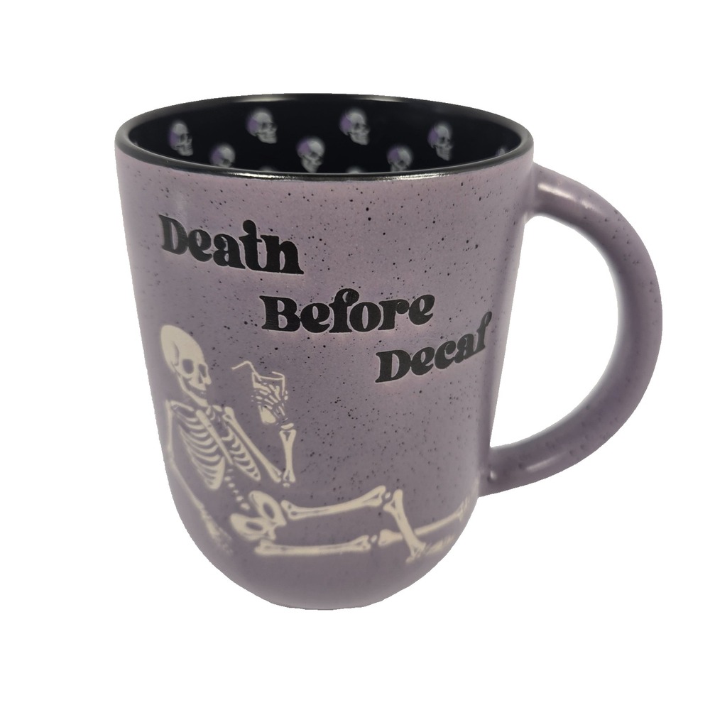 Better Living Death Before Decaf Skeleton Skull Purple Coffee Mug Halloween